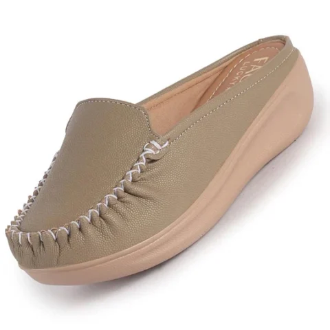 Women Taupe Back Open Side Stitched Slip On Shoe